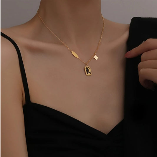 2021 New Korean Vintage Water Drop Star Round Bear Oval Pendant Necklace Geometric Gold Color Titanium Steel Jewelry