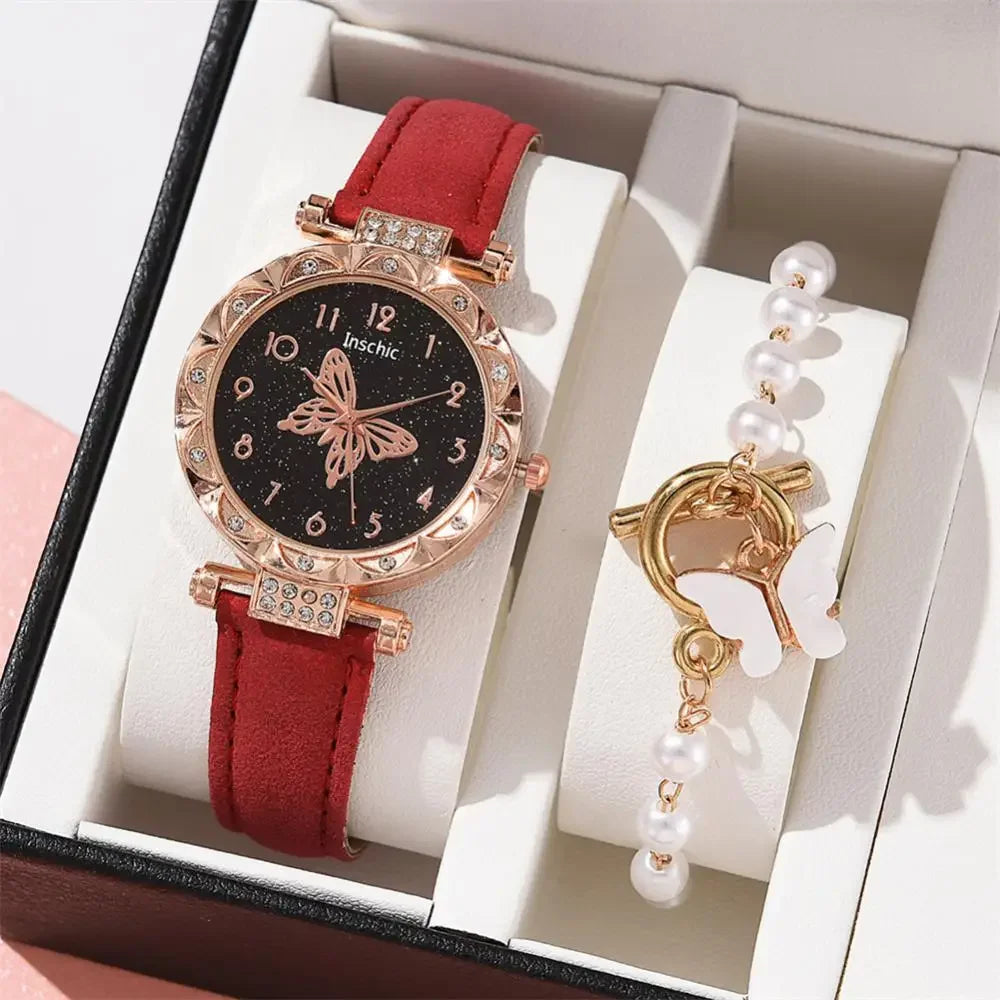 1/2PCS Women Watch Set  Wristwatch Luxury Crystal Rhinestone Pearl  Watches Butterfly Watches Bracelet Set No Box