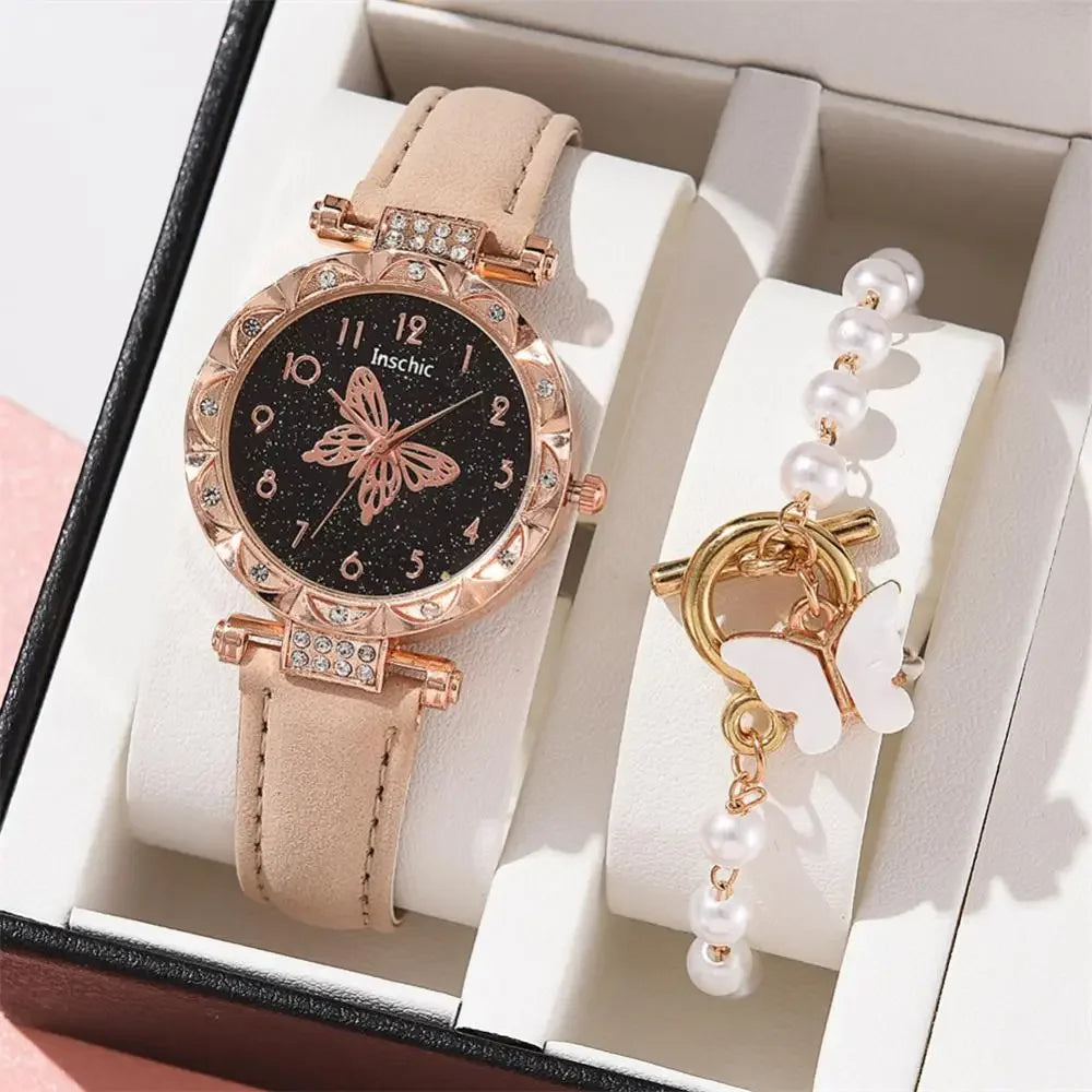 1/2PCS Women Watch Set  Wristwatch Luxury Crystal Rhinestone Pearl  Watches Butterfly Watches Bracelet Set No Box