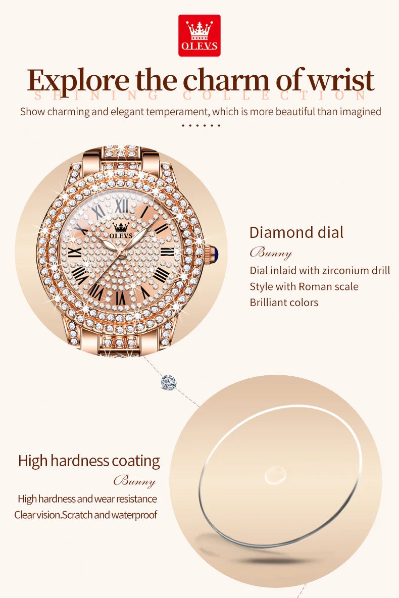 Original Diamond Watch for Women Fashion Elegant Stainless Steel Waterproof Quartz Wristwatch Luxury Ladies Dress Watches