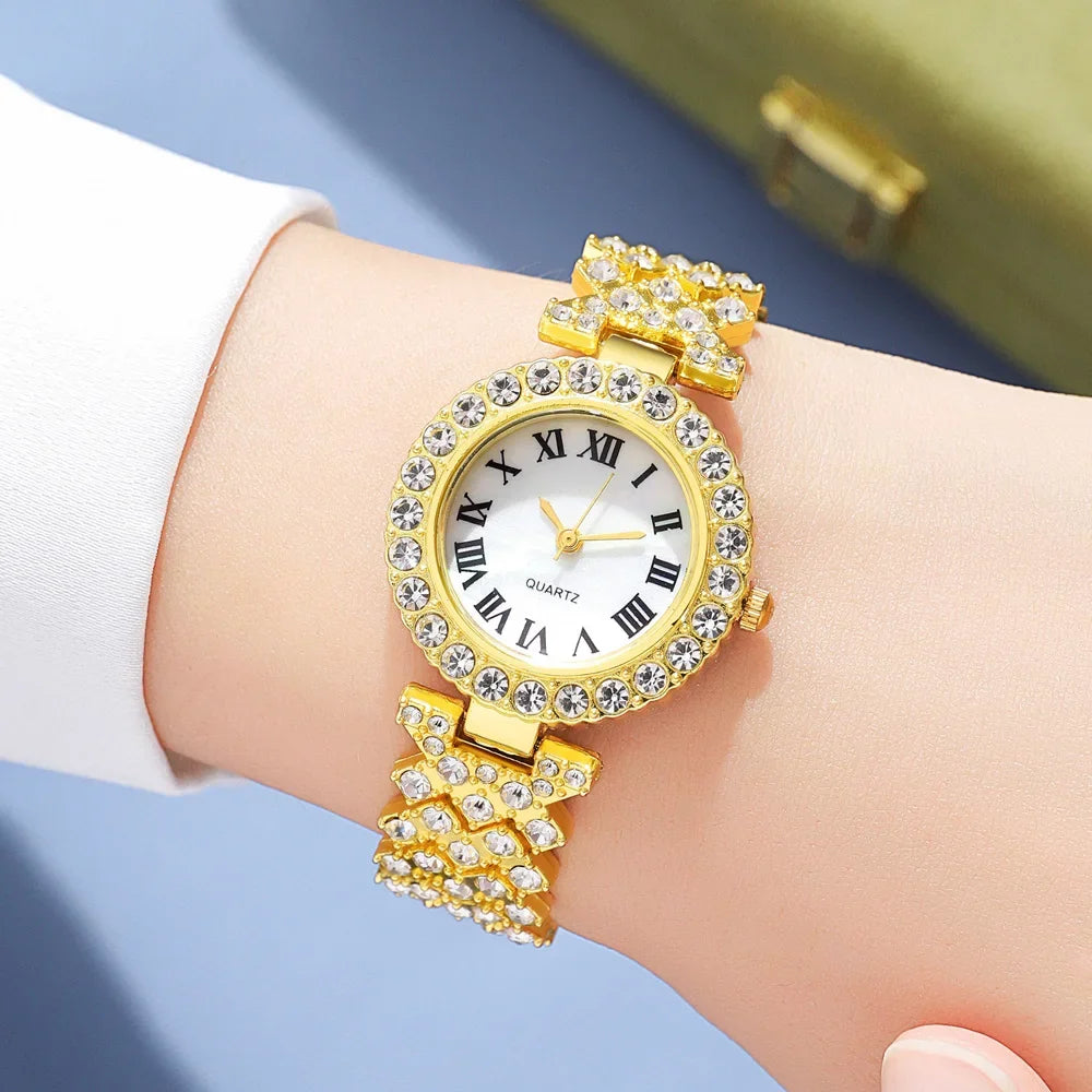 5PCS Set Watch Women Ring Necklace Earrings Rhinestone Fashion Wristwatch Female Casual Ladies Watches Bracelet Set Clock