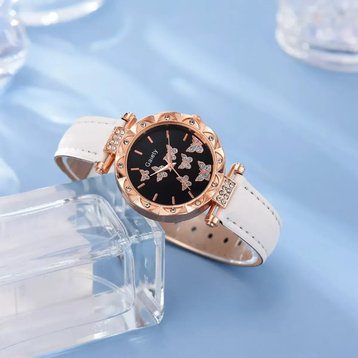 6/1pcs Set Women Watch Ring Necklace Earrings Bracelet Set Watches Butterfly Leather Strap Ladies Quartz WristWatch (No Box)