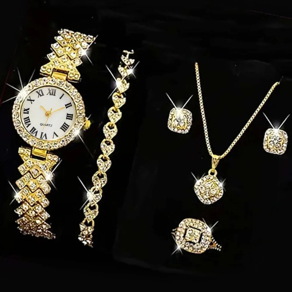 5PCS Set Watch Women Ring Necklace Earrings Rhinestone Fashion Wristwatch Female Casual Ladies Watches Bracelet Set Clock