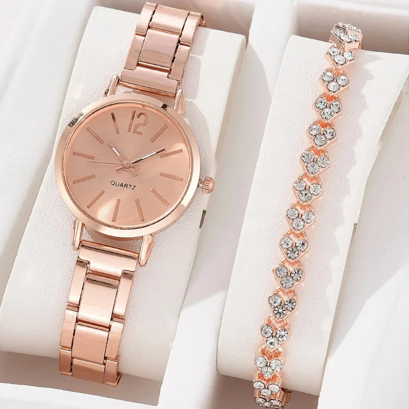 Ladies Fashion Simple Watch Bracelet 2pcs Set Luxury Women Simple Dial Ladies Watches