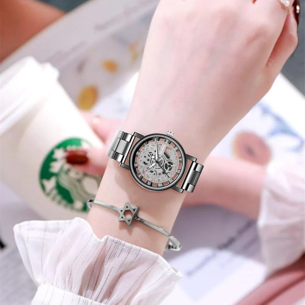 New Fashion Top Women Hollow Skeleton Faux Mechanical Watch Ladies Metal Mesh Wrist Watches For Female