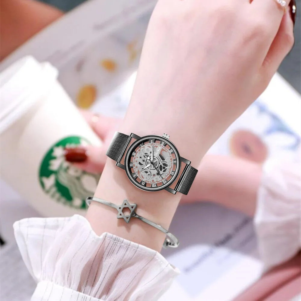 New Fashion Top Women Hollow Skeleton Faux Mechanical Watch Ladies Metal Mesh Wrist Watches For Female