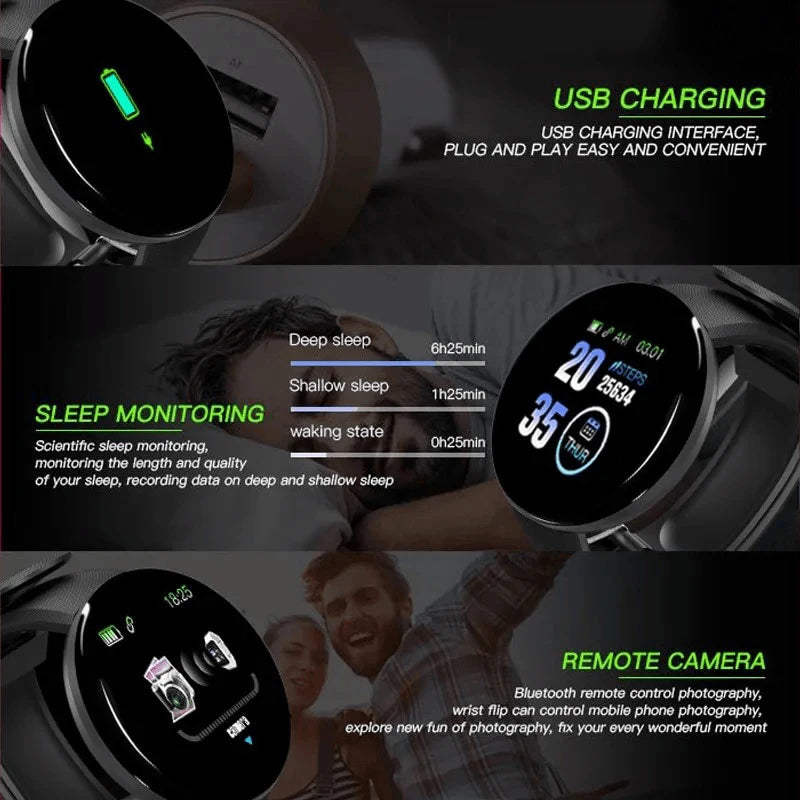 D18 Smart Watch Heart Rate Monitor Men's Women's Smartwatch Round Fitness Digital Watches for Men Women Band Bracelet PK D20 B41