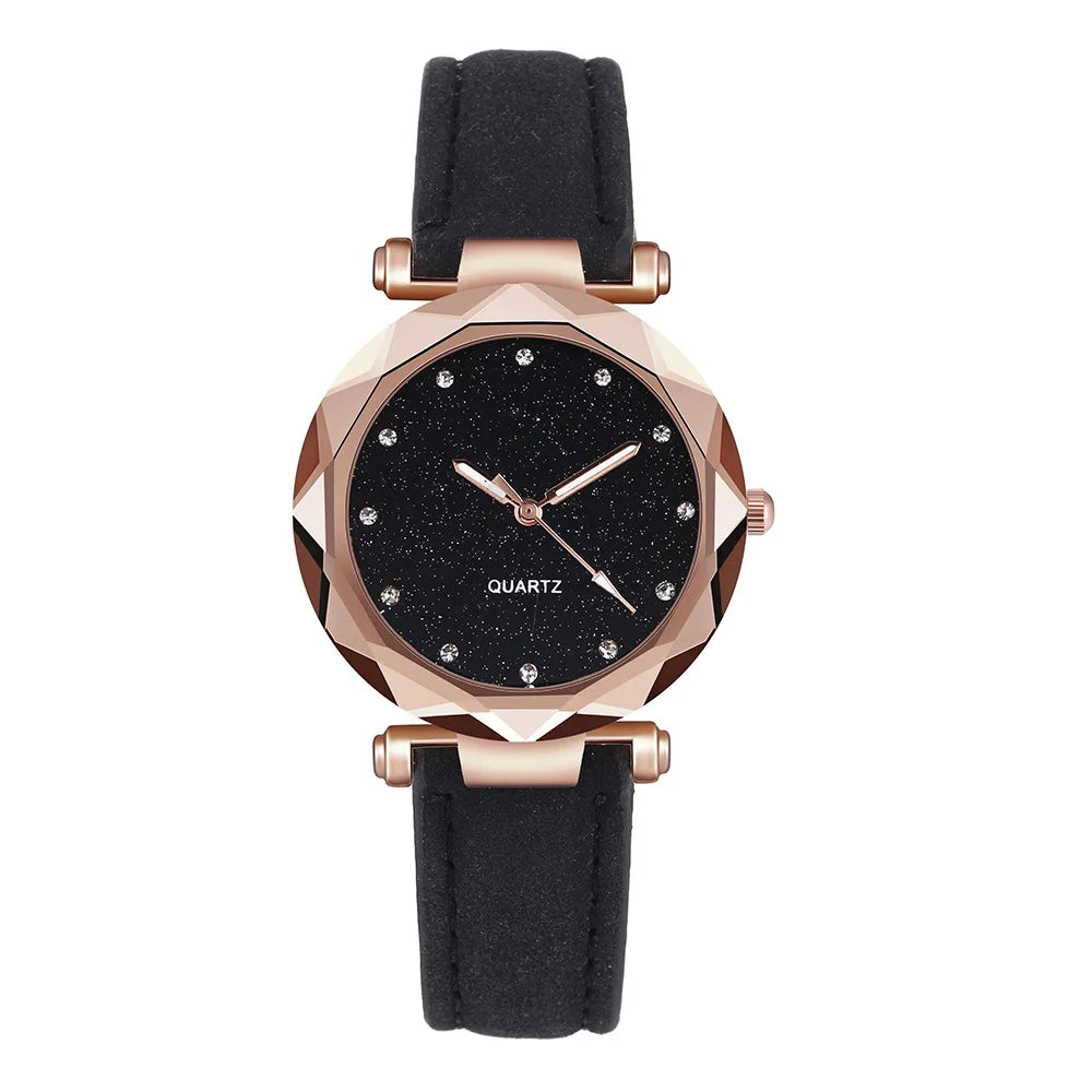 Round Face Rhinestone Star Sky Silver Pink Women for Watch Leisure Fashion Trend Frosted Belt Vintage Black Quartz Wristwatch