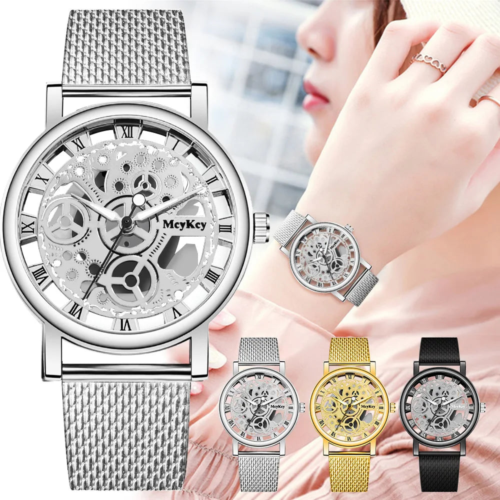 New Fashion Top Women Hollow Skeleton Faux Mechanical Watch Ladies Metal Mesh Wrist Watches For Female