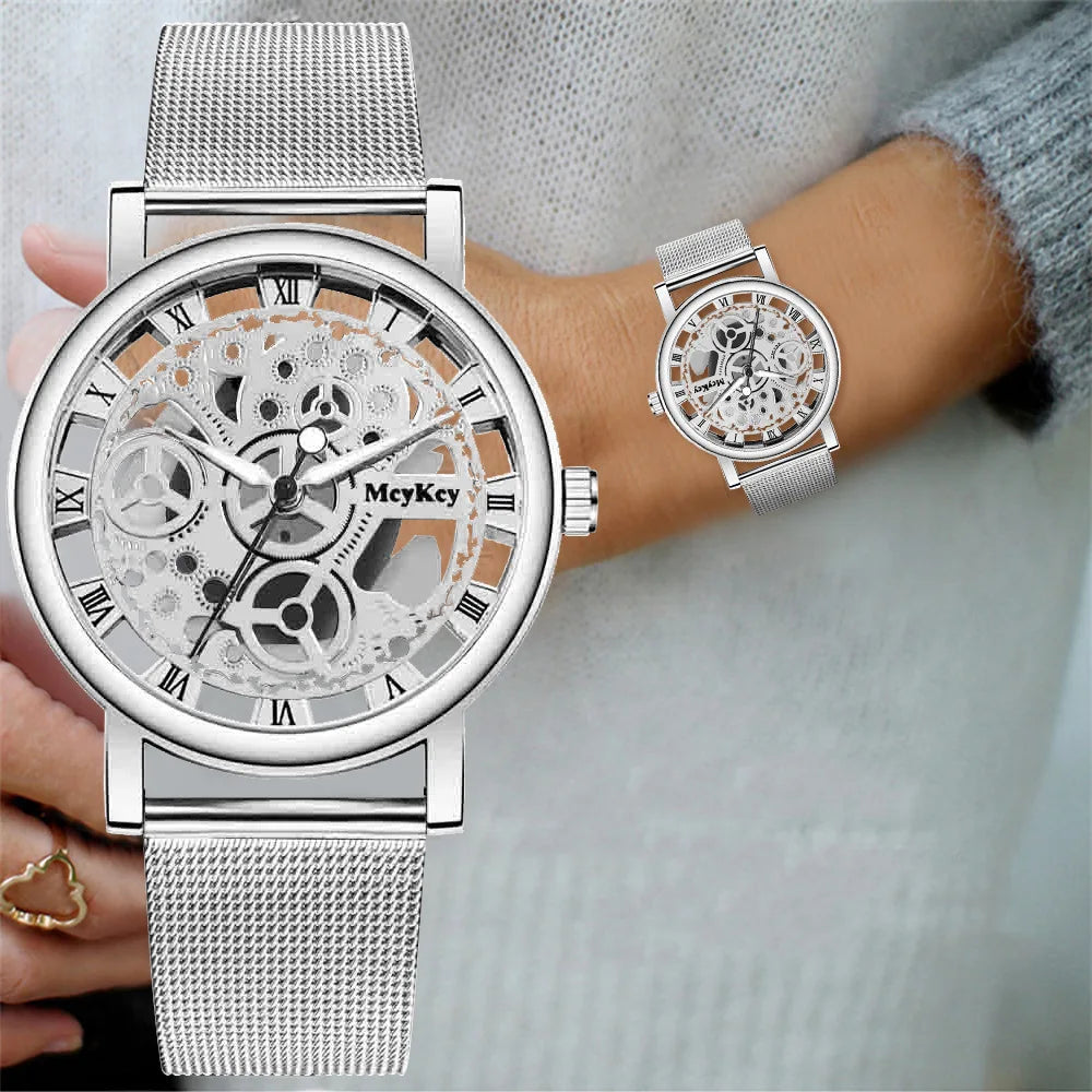 New Fashion Top Women Hollow Skeleton Faux Mechanical Watch Ladies Metal Mesh Wrist Watches For Female