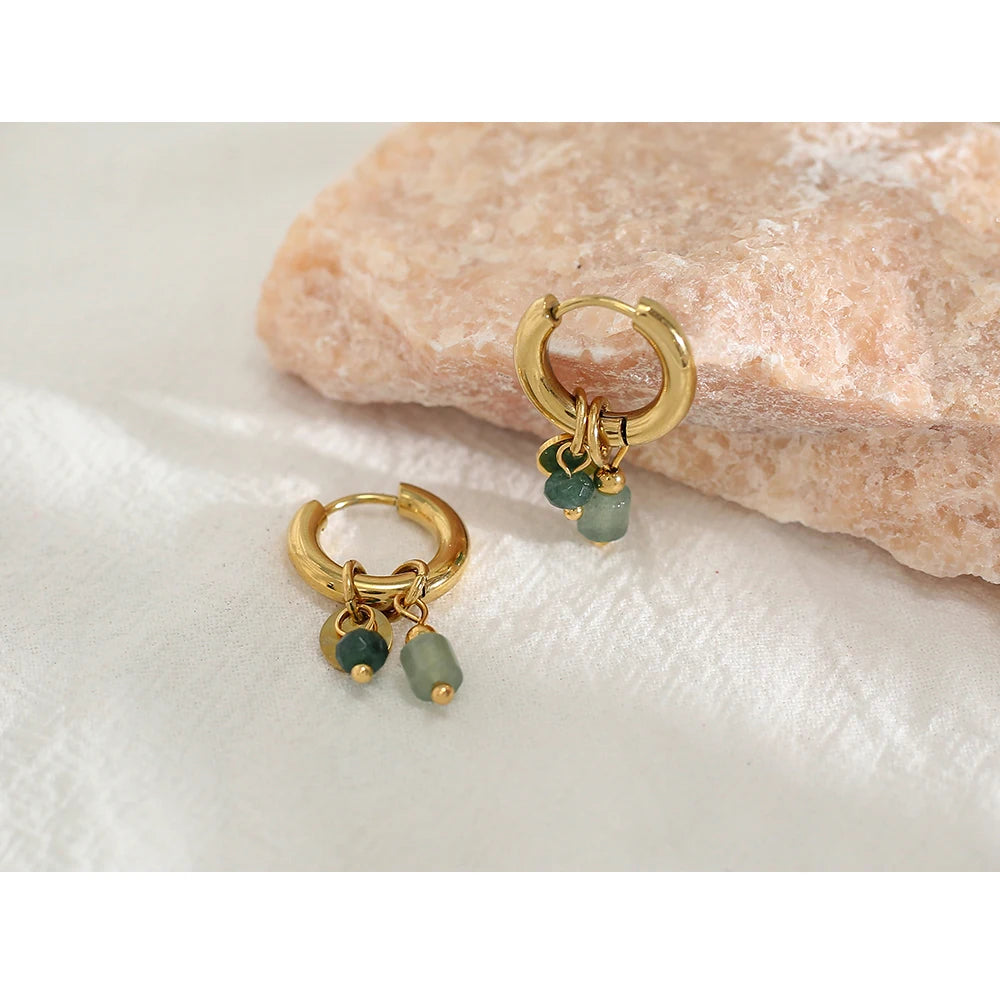 Gold Plated Stainless Steel Hoop Earrings for Women Vintage Green Natural Stone Charms Trendy Waterproof Jewelry