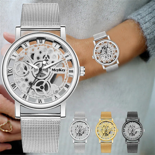 New Fashion Top Women Hollow Skeleton Faux Mechanical Watch Ladies Metal Mesh Wrist Watches For Female