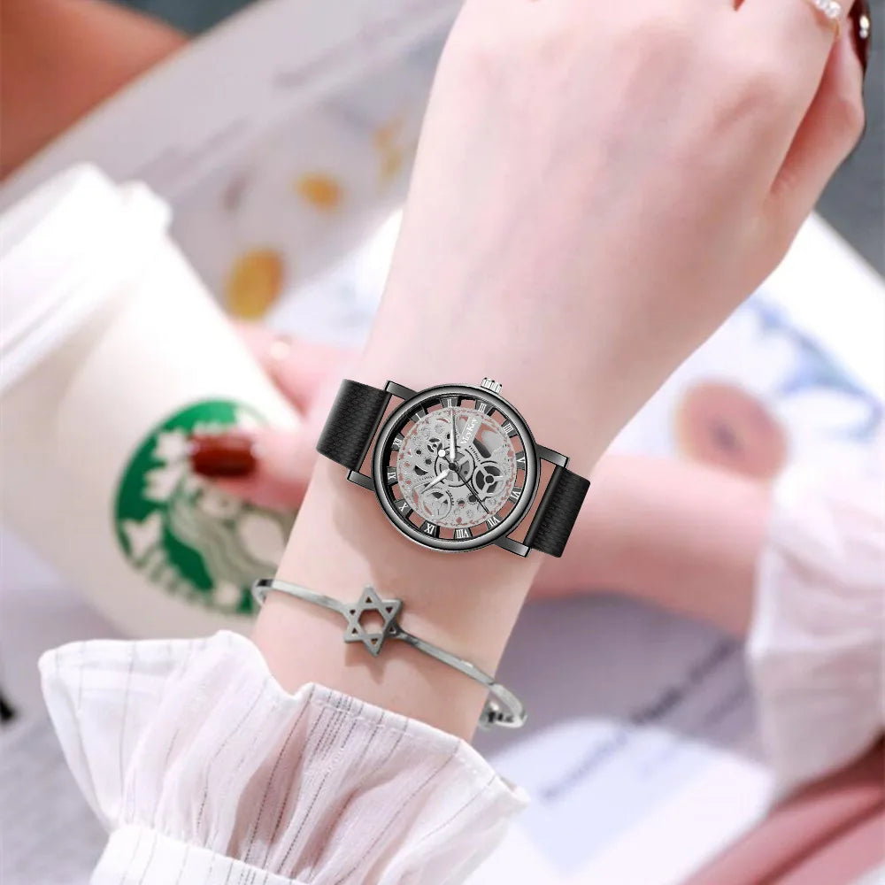 New Fashion Top Women Hollow Skeleton Faux Mechanical Watch Ladies Metal Mesh Wrist Watches For Female