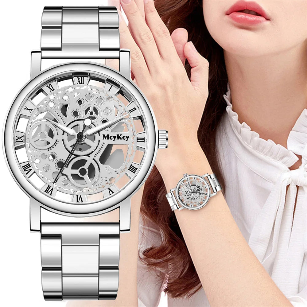 New Fashion Top Women Hollow Skeleton Faux Mechanical Watch Ladies Metal Mesh Wrist Watches For Female