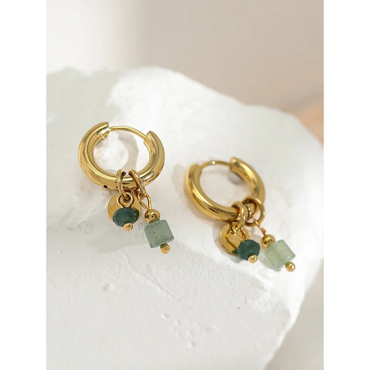 Gold Plated Stainless Steel Hoop Earrings for Women Vintage Green Natural Stone Charms Trendy Waterproof Jewelry