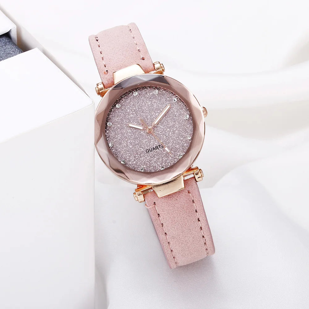 Round Face Rhinestone Star Sky Silver Pink Women for Watch Leisure Fashion Trend Frosted Belt Vintage Black Quartz Wristwatch