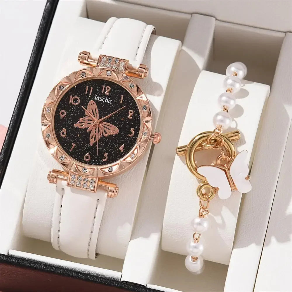 1/2PCS Women Watch Set  Wristwatch Luxury Crystal Rhinestone Pearl  Watches Butterfly Watches Bracelet Set No Box