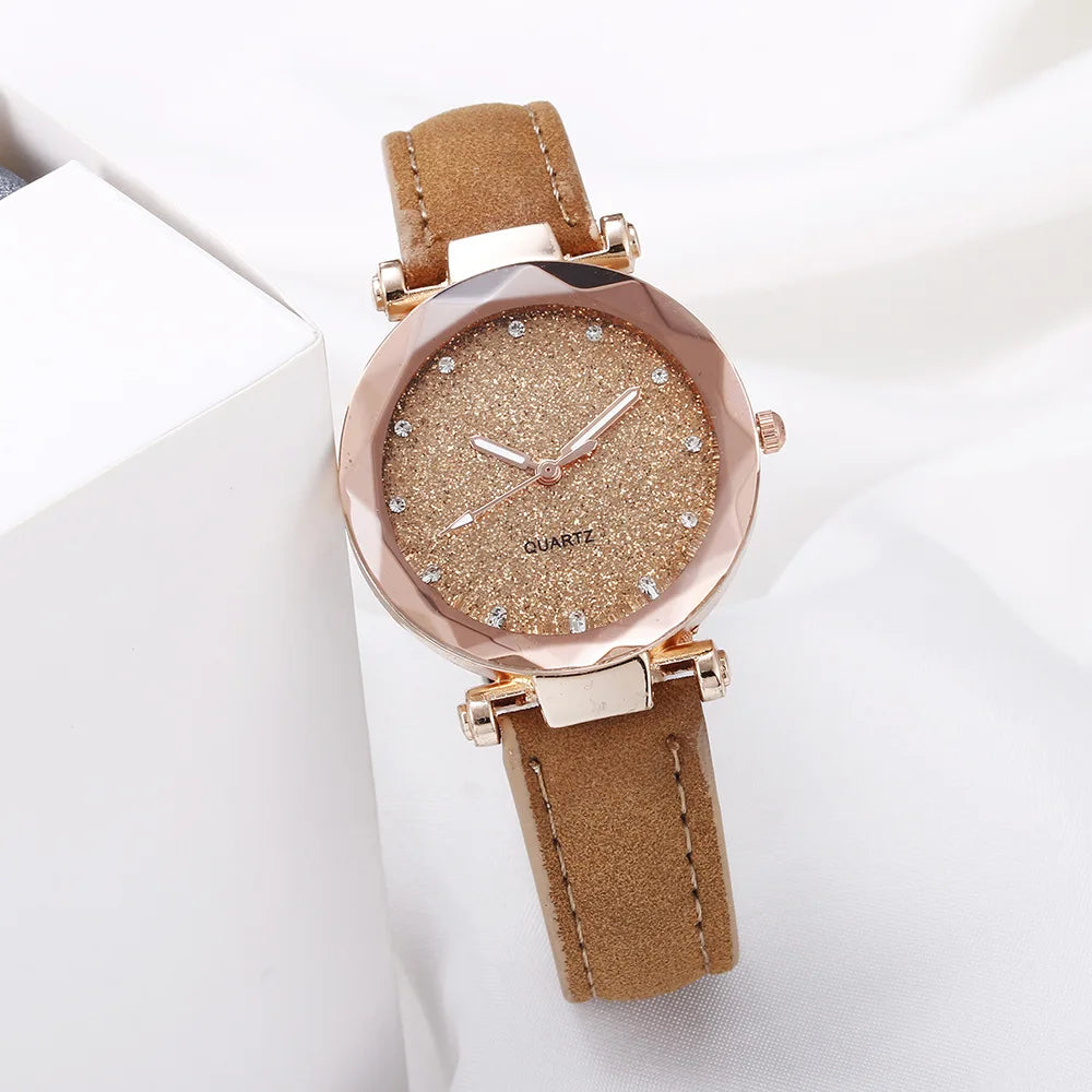 Round Face Rhinestone Star Sky Silver Pink Women for Watch Leisure Fashion Trend Frosted Belt Vintage Black Quartz Wristwatch