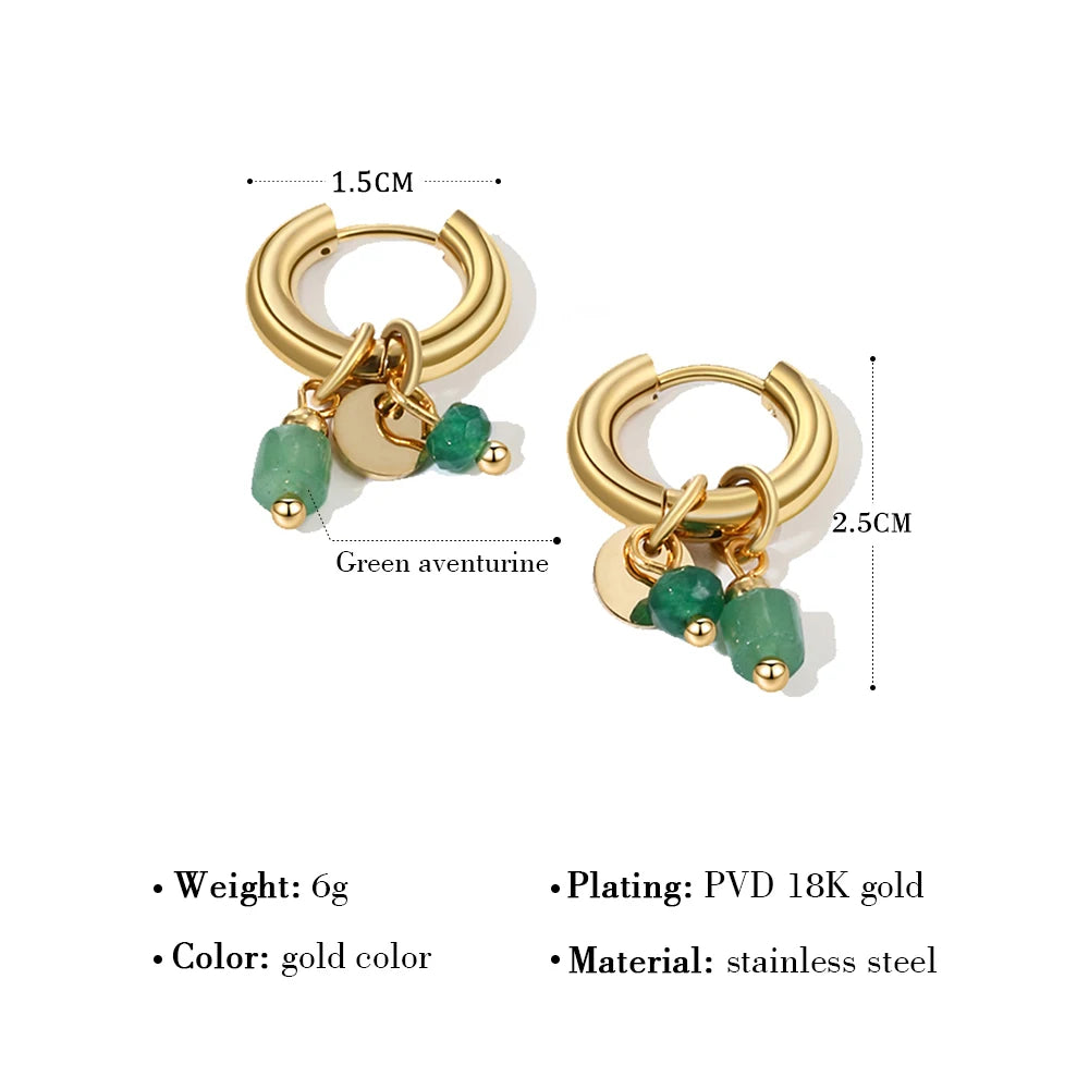 Gold Plated Stainless Steel Hoop Earrings for Women Vintage Green Natural Stone Charms Trendy Waterproof Jewelry