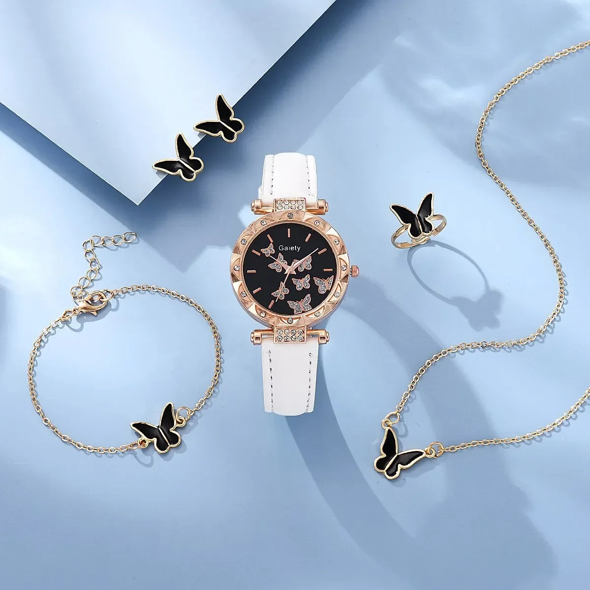 6/1pcs Set Women Watch Ring Necklace Earrings Bracelet Set Watches Butterfly Leather Strap Ladies Quartz WristWatch (No Box)