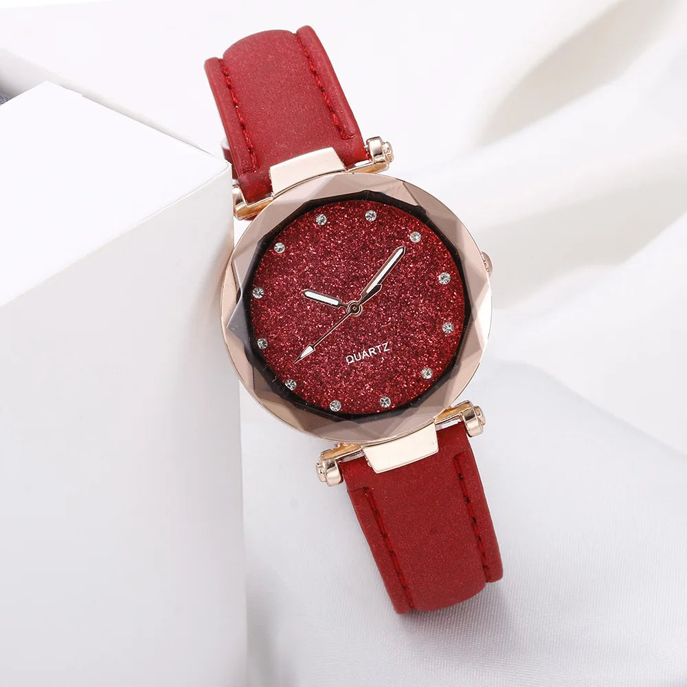 Round Face Rhinestone Star Sky Silver Pink Women for Watch Leisure Fashion Trend Frosted Belt Vintage Black Quartz Wristwatch