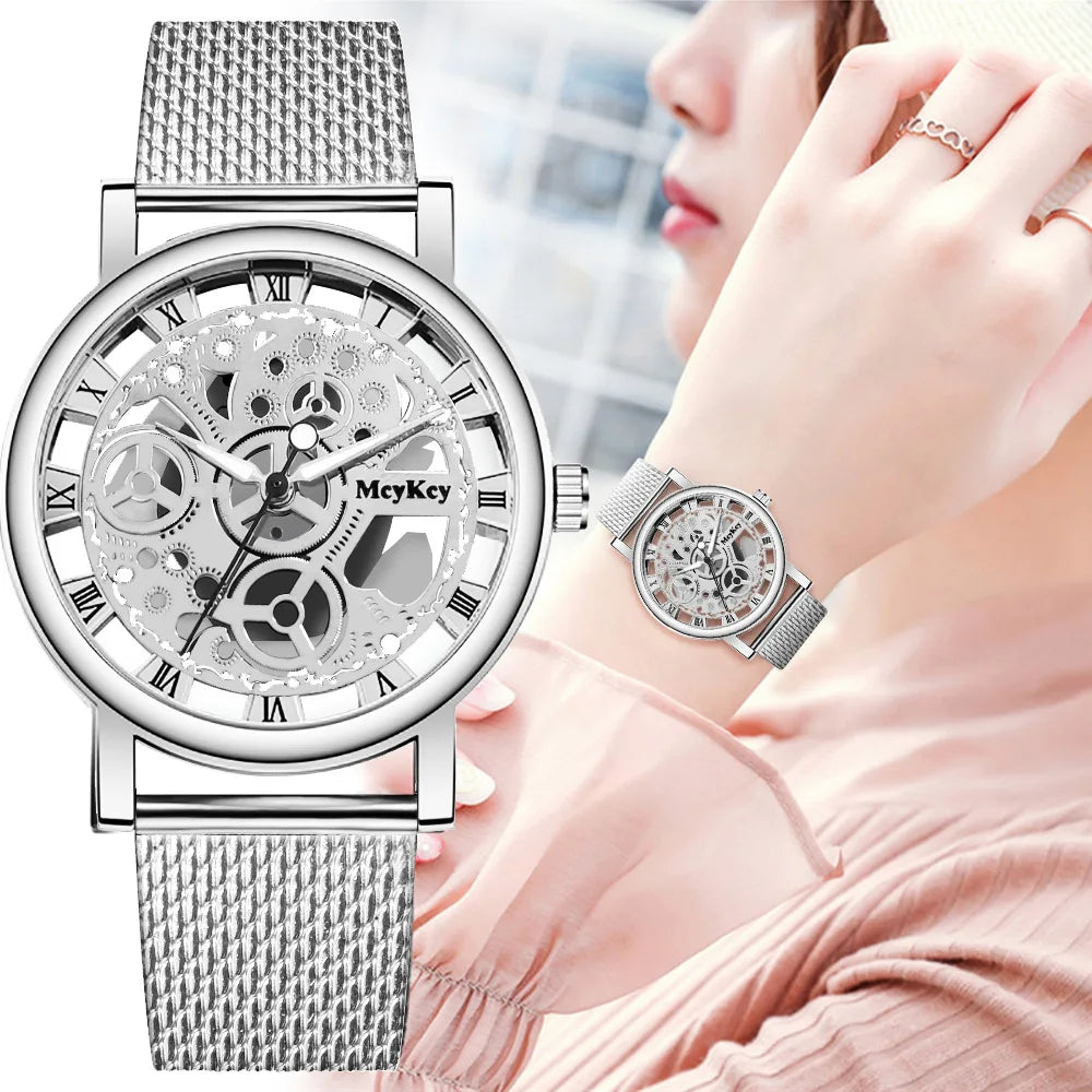 New Fashion Top Women Hollow Skeleton Faux Mechanical Watch Ladies Metal Mesh Wrist Watches For Female