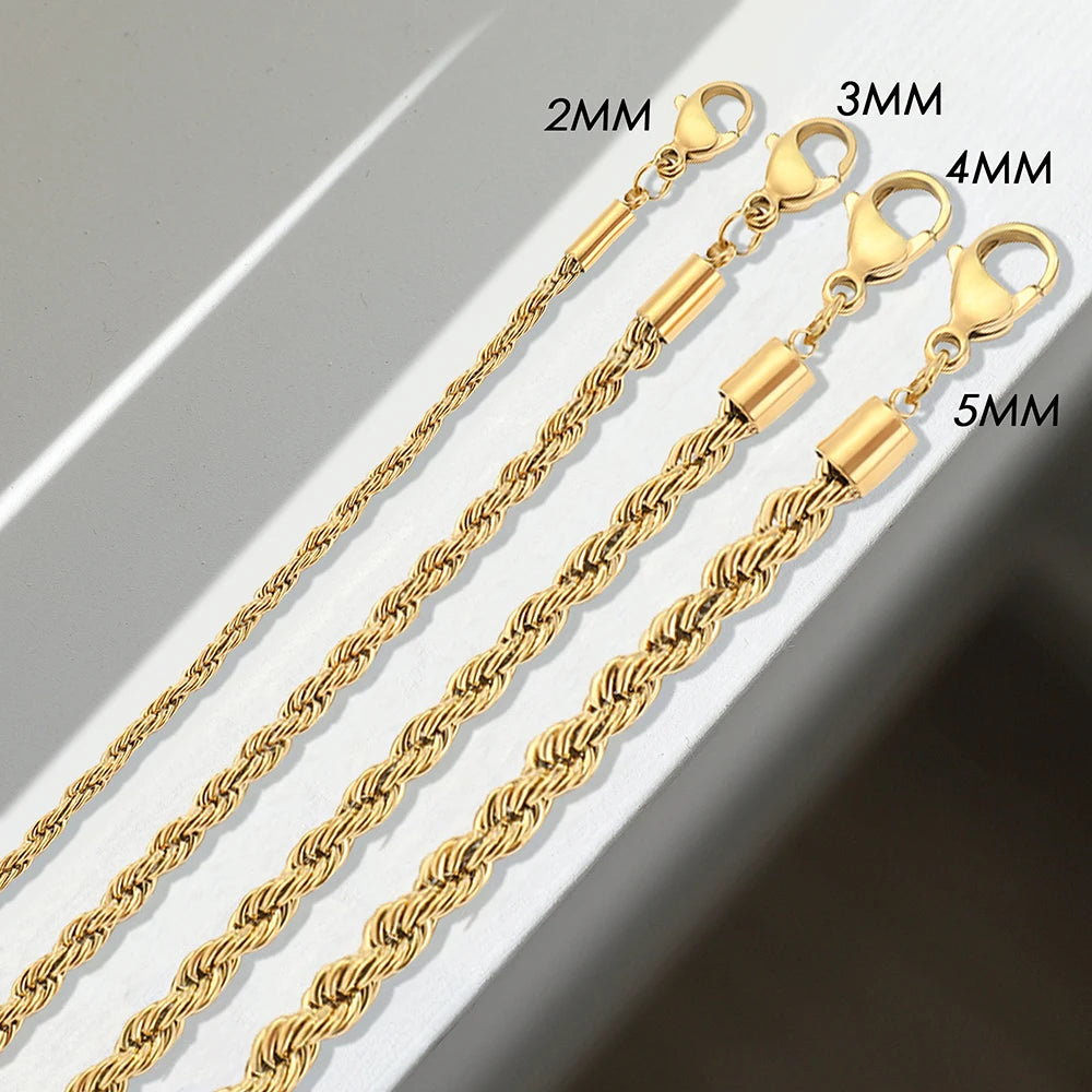 Twisted  Rope Chian Bracelet for Woman Hip Hop Punk 4MM Gold Color Stainless Steel Gold Color Necklace Fashion Jewelry