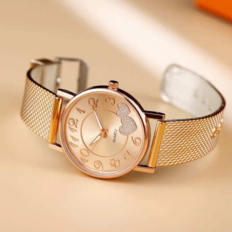 Elegant Rose Gold Heart Dial Watch Female Simple Temperament Student Waterproof Female High-level Female Luxury Watches Women