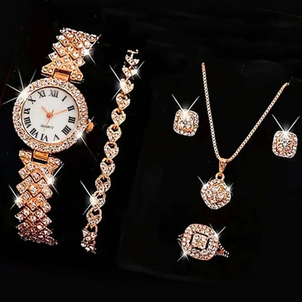 5PCS Set Watch Women Ring Necklace Earrings Rhinestone Fashion Wristwatch Female Casual Ladies Watches Bracelet Set Clock