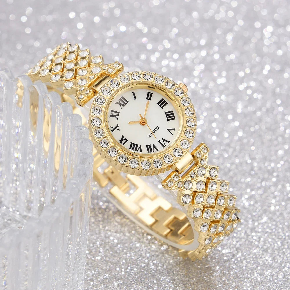 5PCS Set Watch Women Ring Necklace Earrings Rhinestone Fashion Wristwatch Female Casual Ladies Watches Bracelet Set Clock