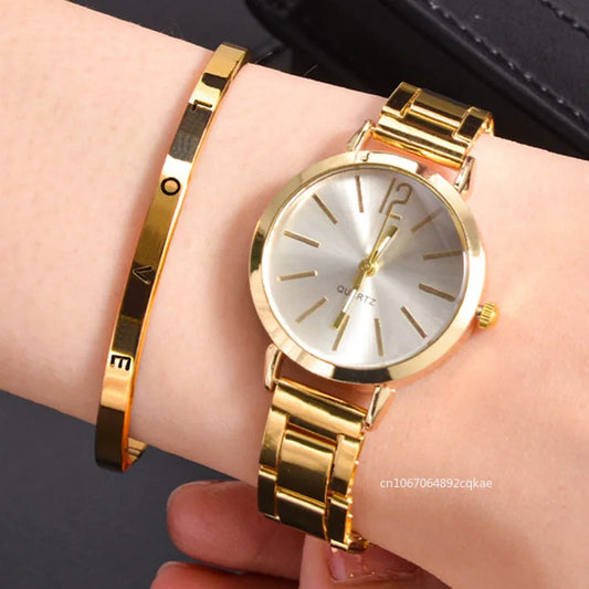 Ladies Fashion Simple Watch Bracelet 2pcs Set Luxury Women Simple Dial Ladies Watches