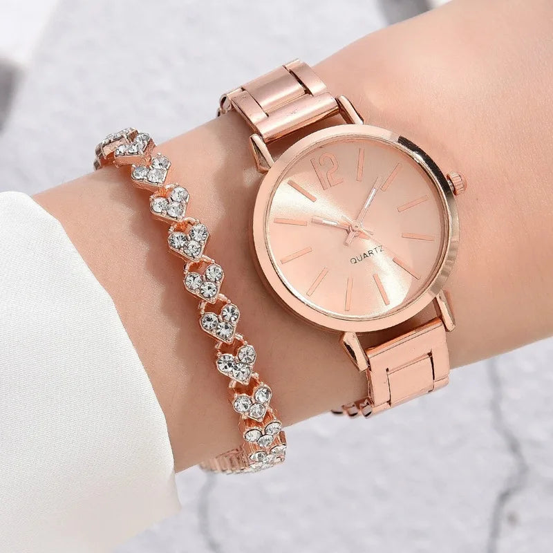 Ladies Fashion Simple Watch Bracelet 2pcs Set Luxury Women Simple Dial Ladies Watches