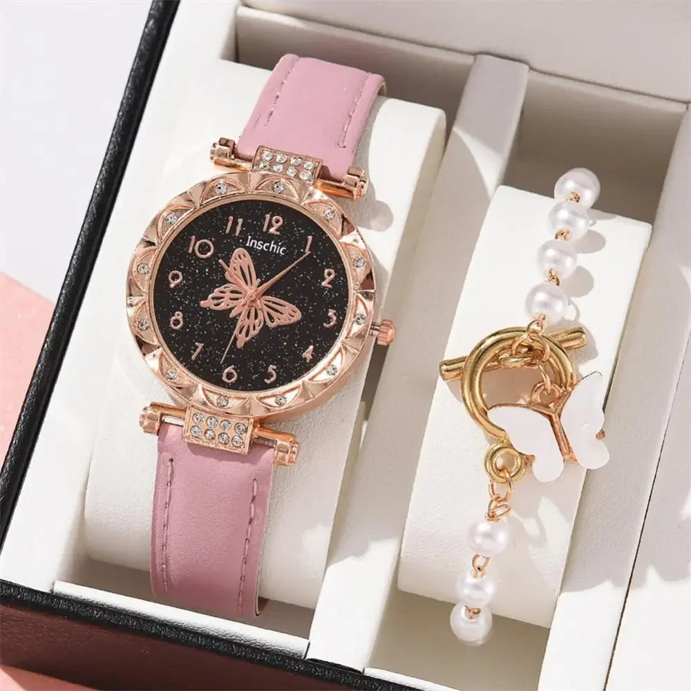 1/2PCS Women Watch Set  Wristwatch Luxury Crystal Rhinestone Pearl  Watches Butterfly Watches Bracelet Set No Box