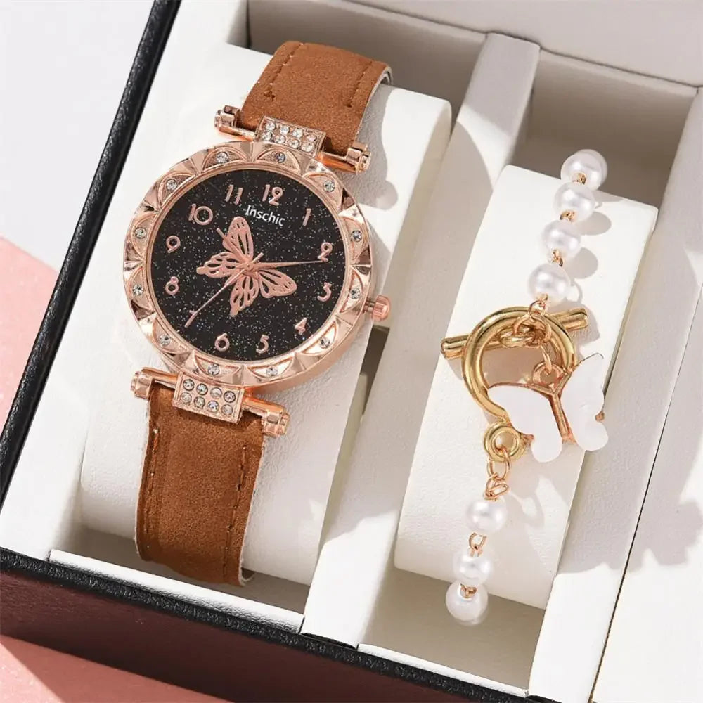 1/2PCS Women Watch Set  Wristwatch Luxury Crystal Rhinestone Pearl  Watches Butterfly Watches Bracelet Set No Box