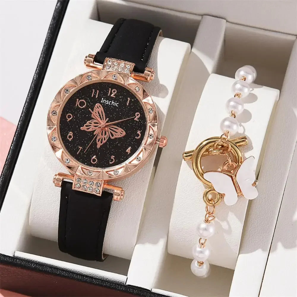 1/2PCS Women Watch Set  Wristwatch Luxury Crystal Rhinestone Pearl  Watches Butterfly Watches Bracelet Set No Box