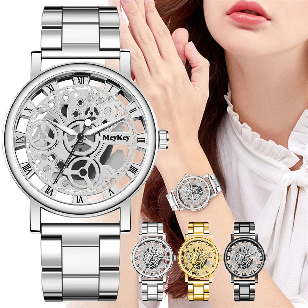 New Fashion Top Women Hollow Skeleton Faux Mechanical Watch Ladies Metal Mesh Wrist Watches For Female